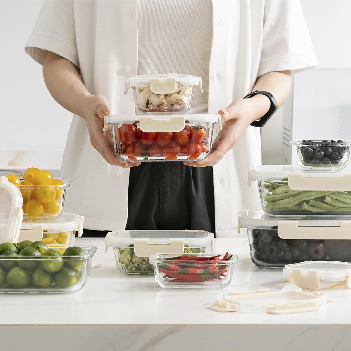 Fenger Juego de Recipientes de Cristal para Almacenaje, Frascos de Vidrio con Tapa, Contenedores de Almacenamiento para Alimentos Frescos, Cocina y Restaurante, Tapas de Plástico Premium