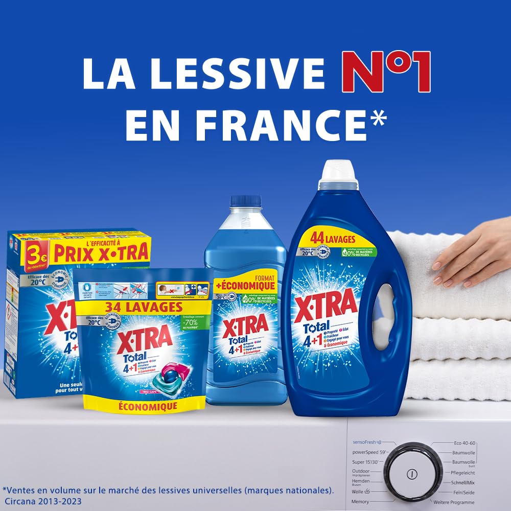X-Tra Total, Lessive capsule, Trio-Caps, Total 4+1, Proprete, Eclat, Fraicheur, Engagé pour vous, Economique, Efficace des 20°C, 100% hydrosoluble, 108 lavages