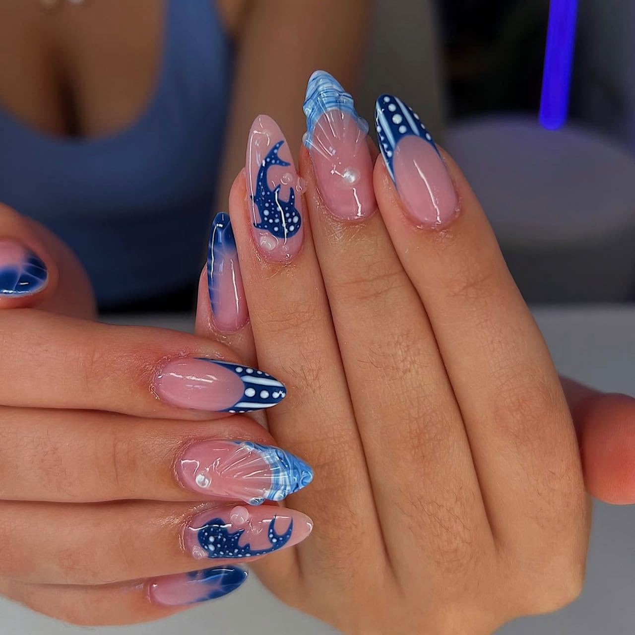 3D Blue Ocean Press on Nails - Medium Almond Shell Pearl Design