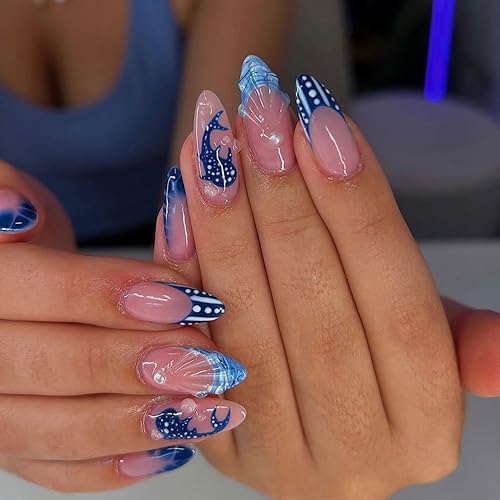 3D Blue Ocean Press on Nails Medium Almond Fake Nails