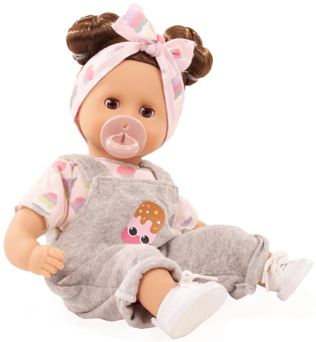 Götz 2320954 Muffin Popsicle bambola bebè 33 cm | 8 pezzi, capelli castani, corpo morbido, dai 3 anni, pettinabile, capelli lavabili, ciuccio, cardigan e fascia per capelli