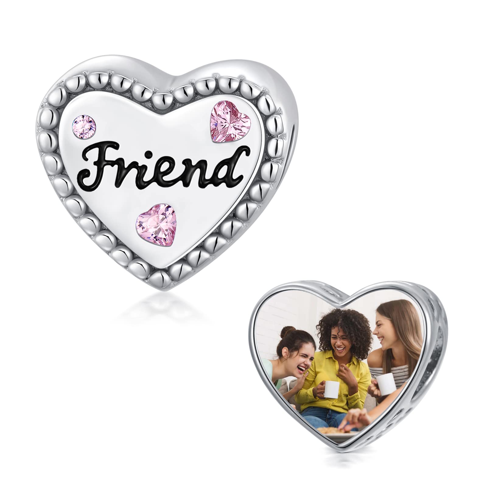 LONAGO Mom/Daughter/Sister/Grandma/Dad/Wife/Friend/Auntie Charm Personalized Photo Picture Charm Heart Bead Sterling Silver Fit Snake Bracelet