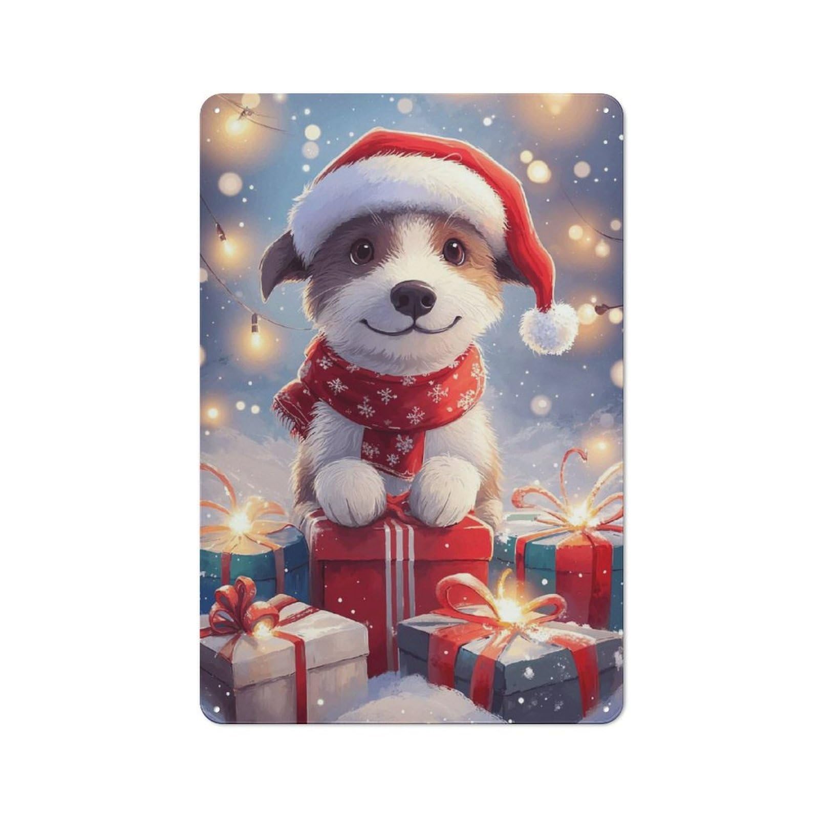 Junmoney Style-16 Metal Wall Sign 30X20cm Featuring Christmas Puppy With Gifts For Garage Or Workshop, For Garage, Workshop And Man Cave Decoration