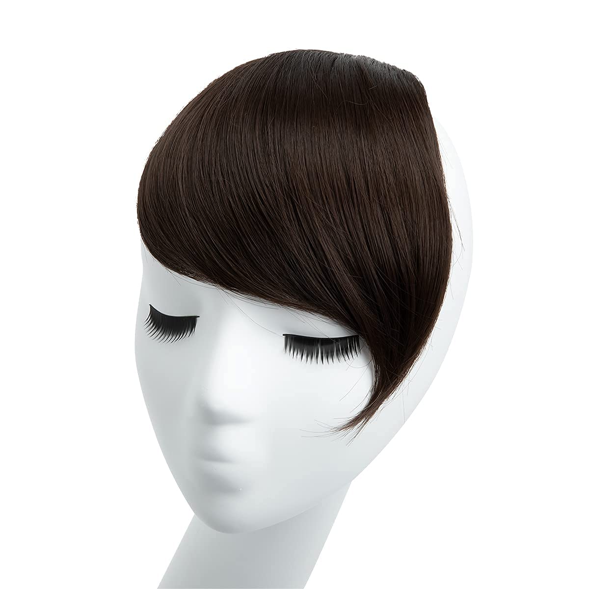 Flequillo lateral marrón oscuro con clip en piezas de cabello sintético recto falso extensiones de flequillo para mujer 2