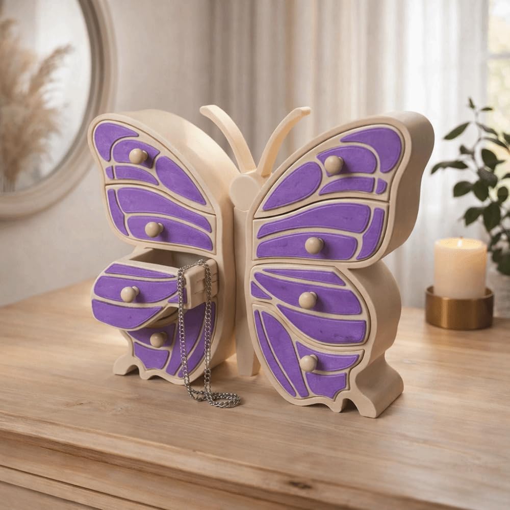 Joyero con capacidad de mariposa, caja de joyería decorativa, cofre del tesoro en forma de mariposa (morado)