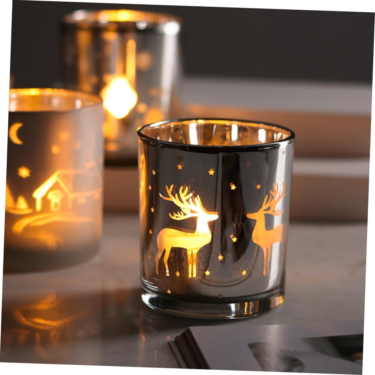 Alipis 6pcs Christmas Candle Holders Silver Electroplated Glass Cups Elk and Snowflake Design for Festive Decor and for Holiday Parties and Gatherings