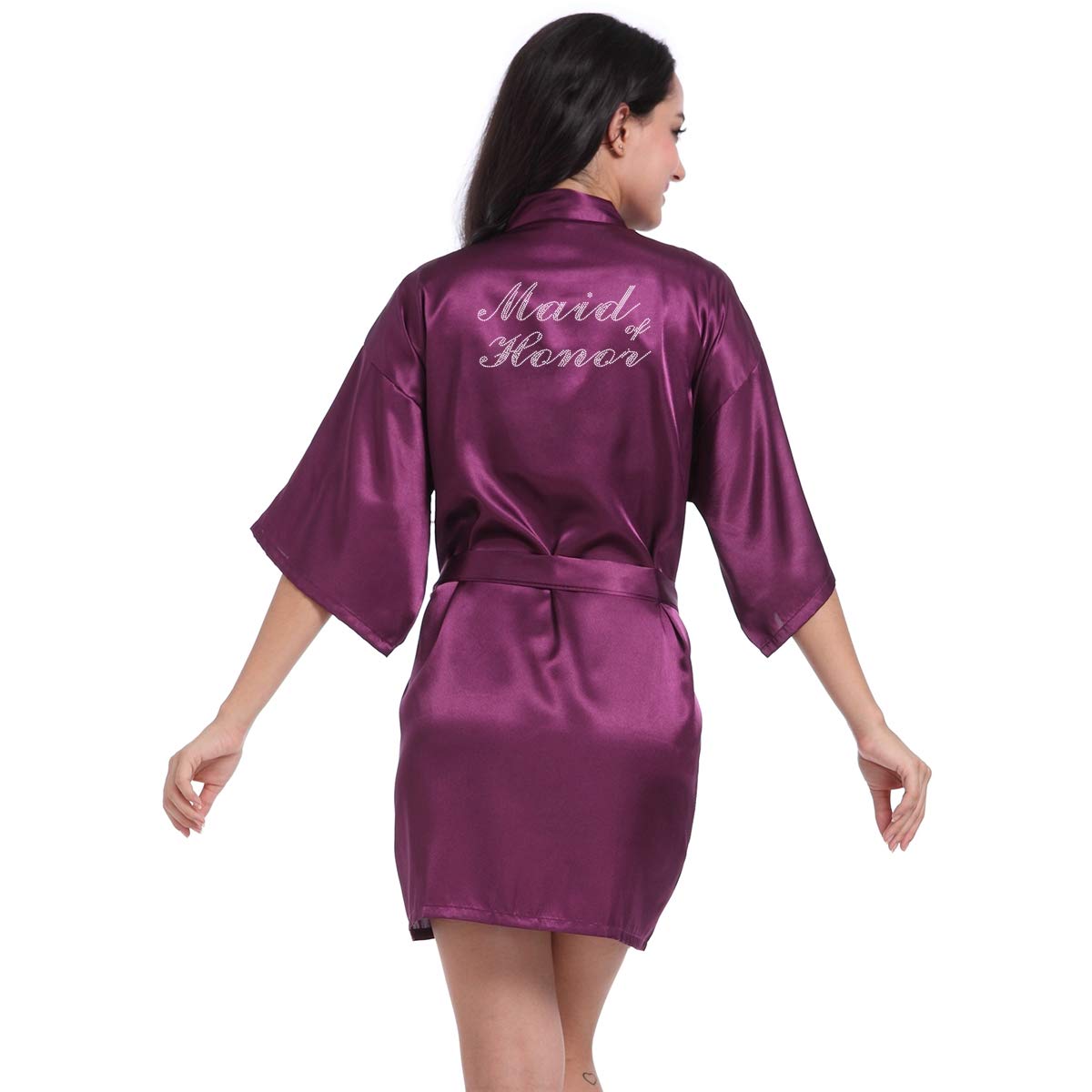 Women's Satin Robe Short Kimono for Bride &amp; Bridesmaid with Silver Rhinestones, Wedding Party Robes