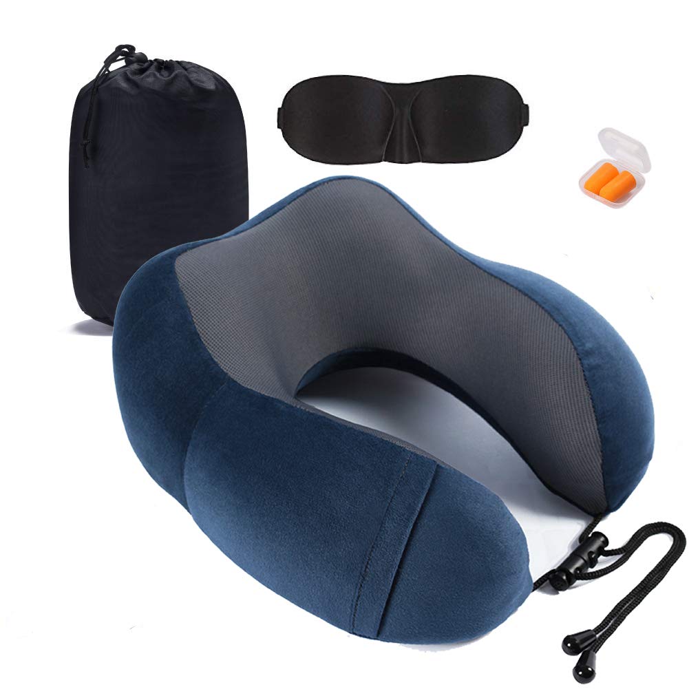 100% Pure Memory Foam Compact Travel Neck Pillow - 3D Contoured Eye Mask - Earplugs - Drawstring Bag,Car Airplane Pillows Breathable & Comfortable