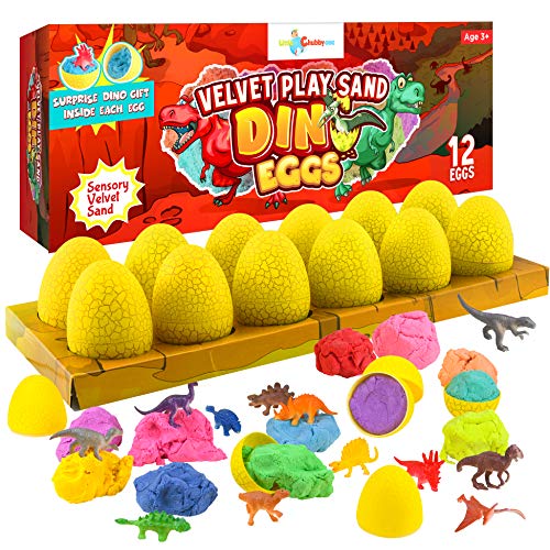 LITTLE CHUBBY ONE Kids Velvet Play Sand Dino Egg Set - Toy Magic Sand Set - Includes 12 Eggs with Sand Plus Dinosaur Surprise Sensory Toy for Girls and Boys Age 2 3 4 5 6 7 8 9 10