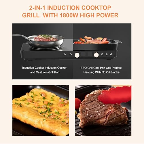 Miniatura 4 de Placa de cocción portátil de doble inducción con sartén extraíble de hierro fundido antiadherente, estufa eléctrica de 2 quemadores con temporizador