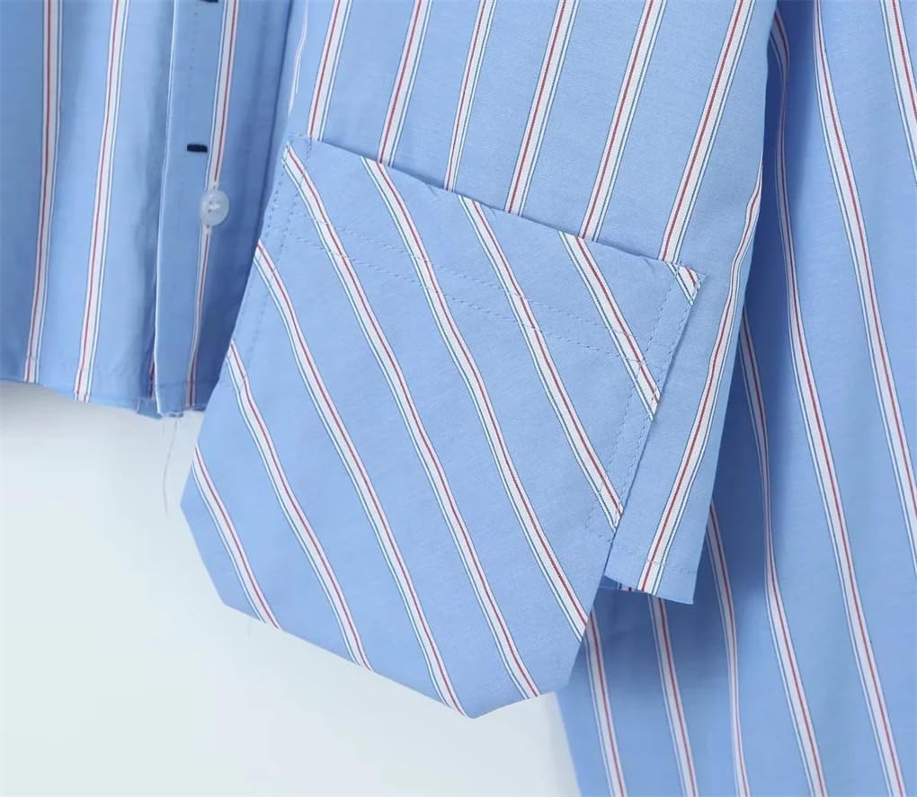 Camicia corta a righe da donna con bottoni sul davanti, maniche lunghe, colletto con risvolto e tasca