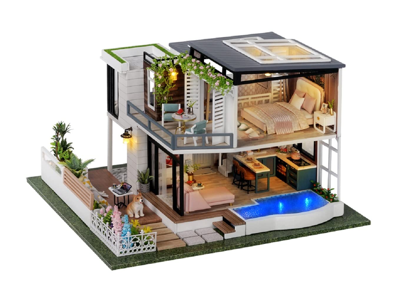Generico Kit per Casa delle Bambole in Miniatura Fai da Te con Piscina in Legno 3D Giocattolo Puzzle di Pezzi Pretagliati Miniature da Costruire