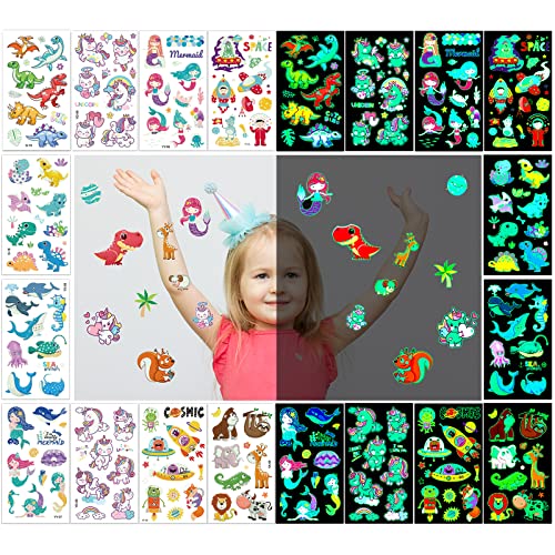 350Pcs+ (30 Sheets) Glow In The Dark Temporary Tattoos For Kids, Waterproof Luminous Fake Tattoo Sticker Mixed Style With Dinosaur Unicorn Mermaid Space Sea Animals For Girls And Boys #TOP7