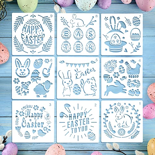ZERHOK 9Stk Ostern Schablone Set, Ostern Kinder zum Basteln Zeichenschablonen Osternkarten Malerei Schablone Osterhase Küken Ostereier Osterkörbchen Vorlagen für Torten Kaffee Osterdeko Ostergeschenk Cover