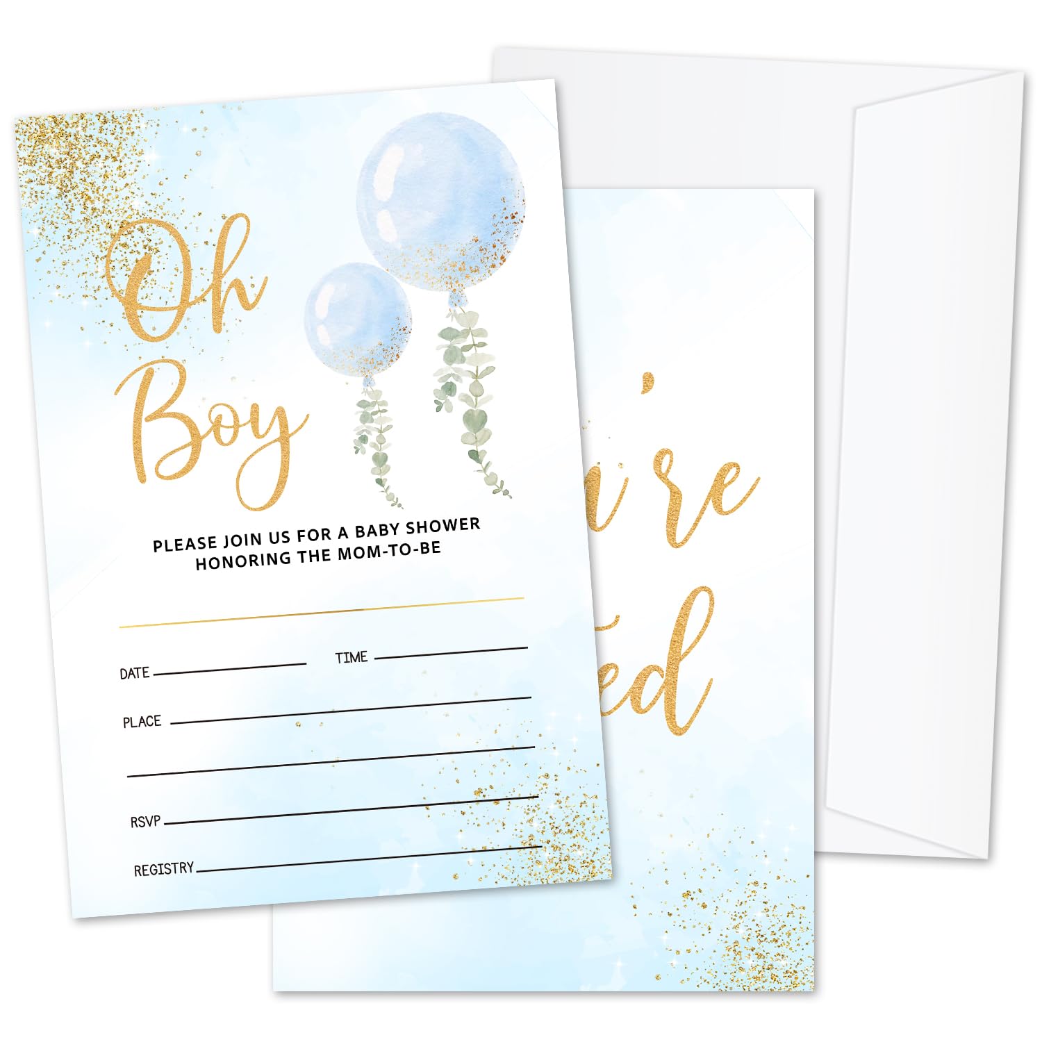ZSHFMY Oh Boy! Baby Shower Invitations, Blue Balloon Gender Reveal Party Invites for Boys, 25 Sets Invitation Cards with Envelopes, Baby Announcement