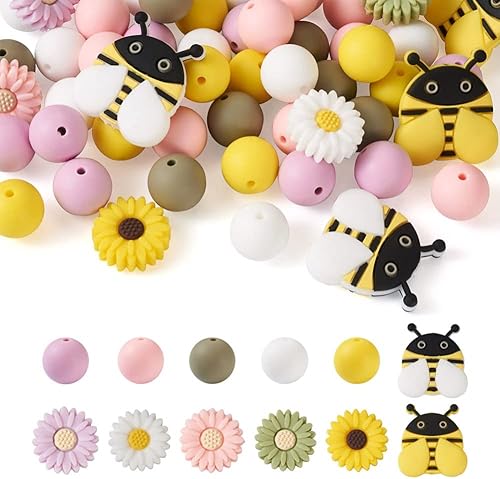 Mega Pet 59 cuentas redondas de silicona coloridas con forma de margarita, flor, abeja, cuentas de silicona de 0.591-1.220in para bricolaje,