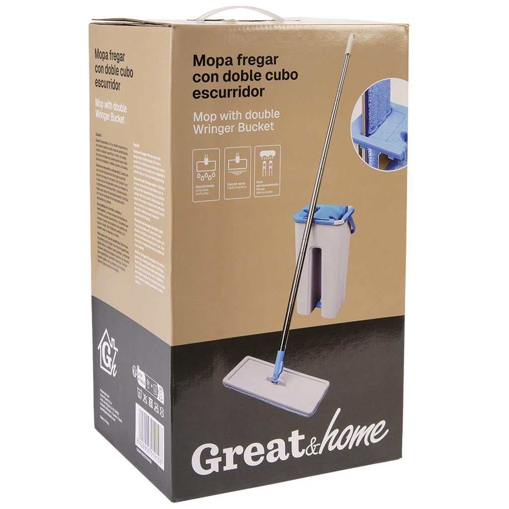 Mopa Fregar Suelo con Cubo Escurridor Sistema Limpieza Plano con Microfibra Absorbente Mango Giratorio 360 Limpieza Facil Sin Esfuerzo Hogar Suelos Cocina Baño Reutilizable