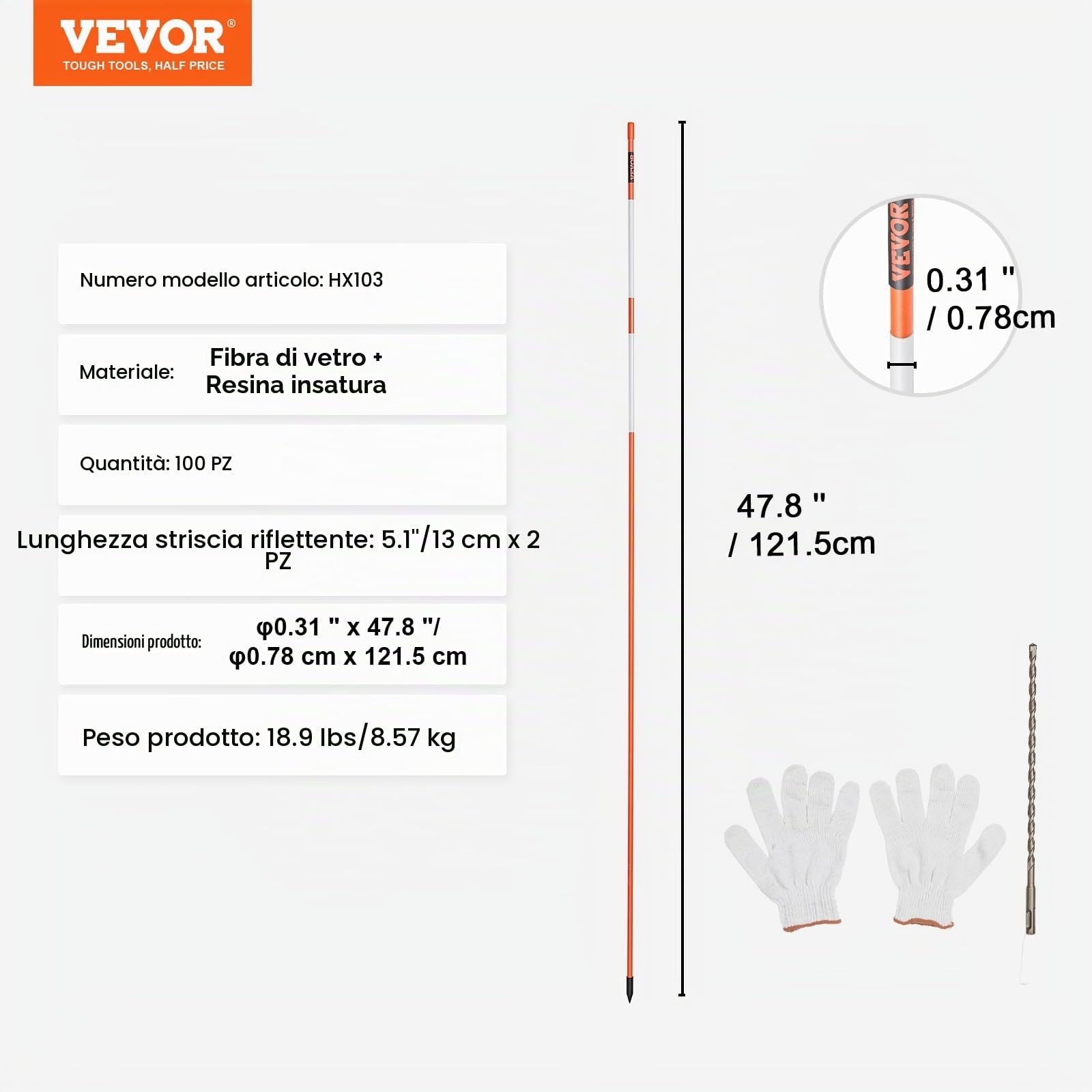 VEVOR Segnalatori per Passo Carrabile, 100 Pezzi 0,78x121,5 cm, Pali Marcatori da Neve in Fibra di Vetro Arancione Pali da Neve con Nastro Riflettente, Striscia Riflettente ad Alta Visibilità 121,5 cm