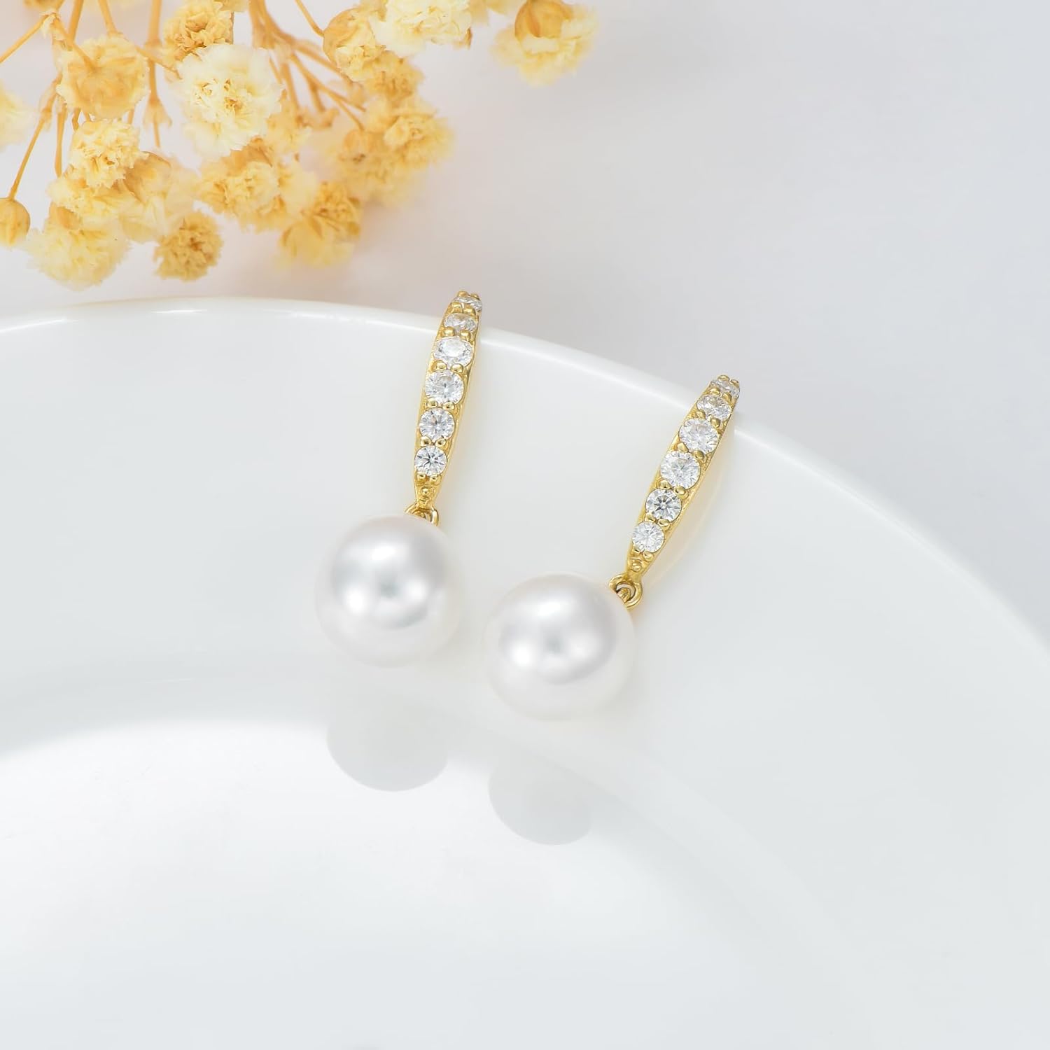 10k Gold Created Moissanite and Freshwater Cultured Pearl Dangle Earring for Women, Fine 10 Karat Gold Jewelry Gifts for Her