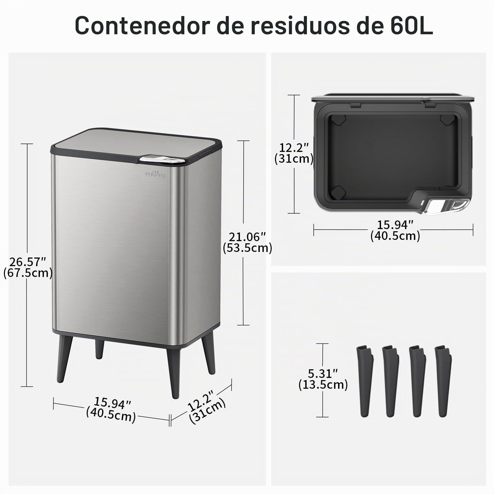mVm Cubo de Basura con Presión Manual 60L, Acero Inoxidable Antihuellas con Soporte Desmontable, Tapa Amortiguada y Cubo Interior Extraíble