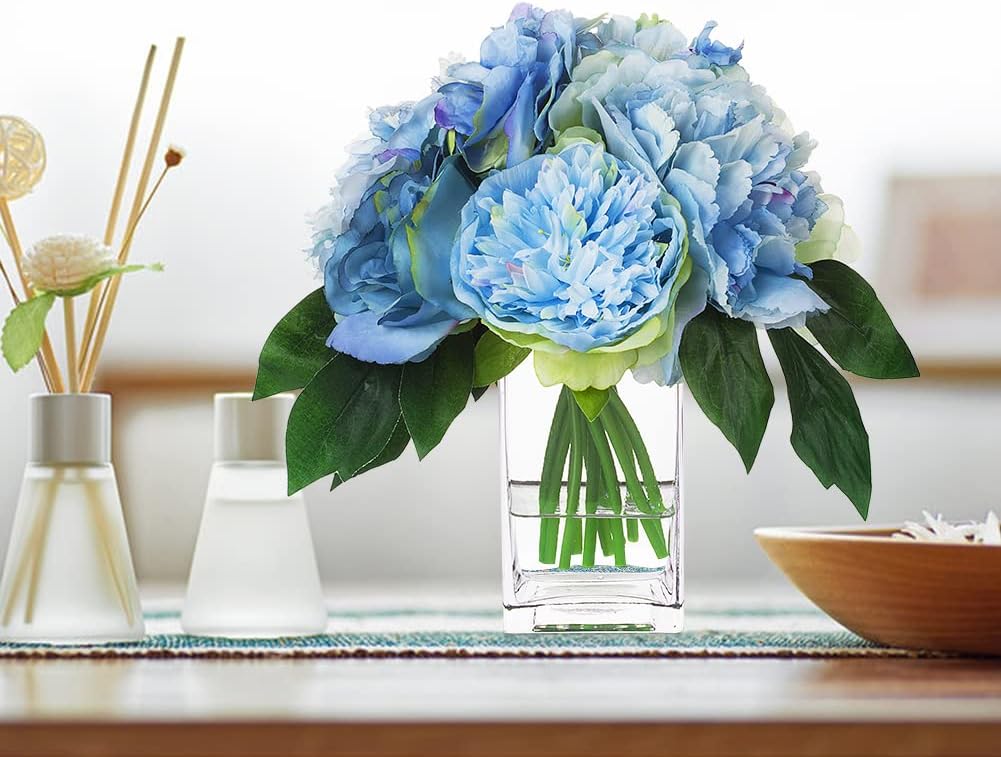 Enova Floral Artificial Flower Arrangement in Vase, Fake Flowers Arrangement with Vase, Mixed Artificial Peony Rose and Hydrangea Silk Flower with Clear Glass Vase for Home Wedding (Blue)