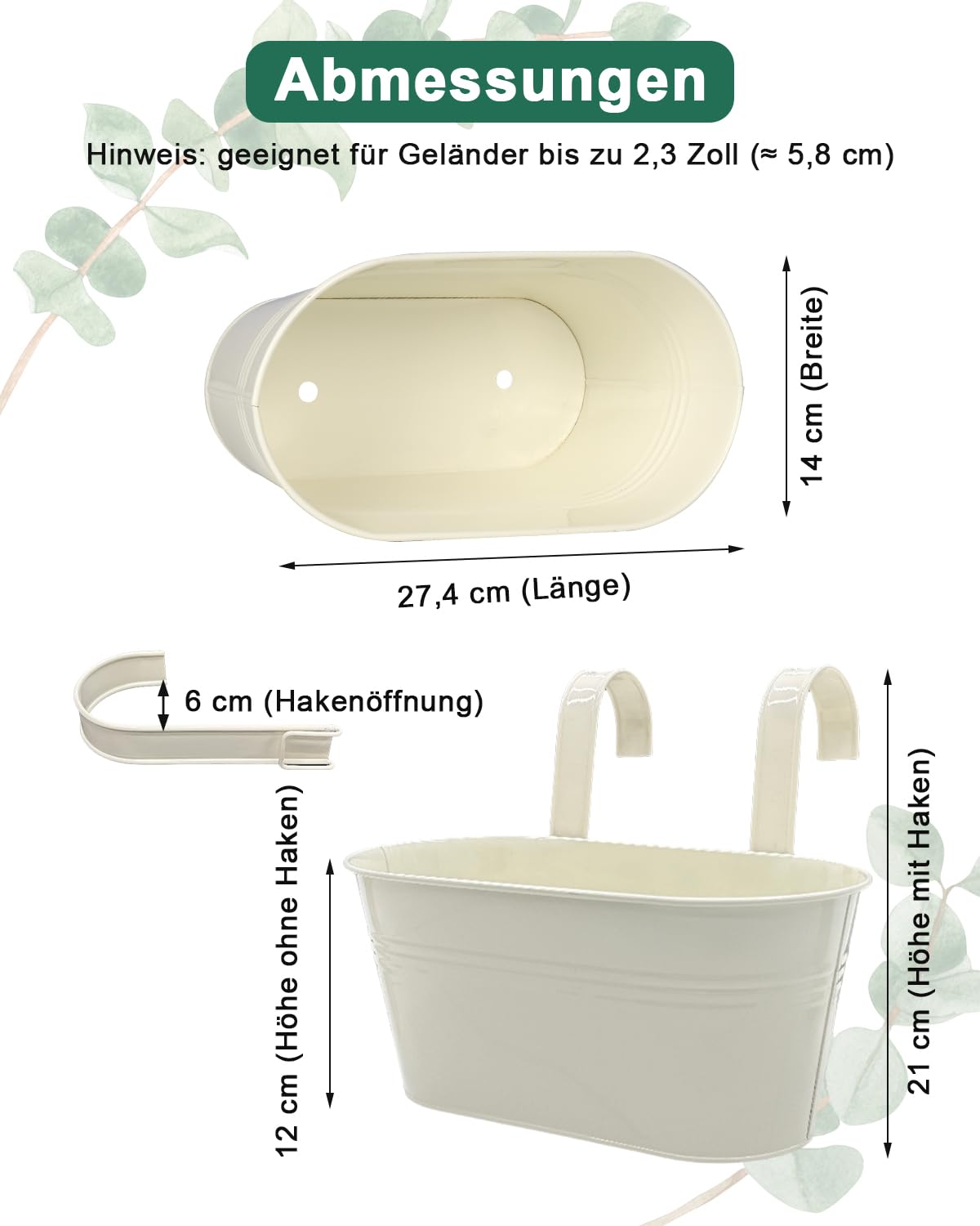 vensovo 5er Set Hängende Blumentöpfe aus weißem Metall – 27,3 cm x 13,5 cm x 11,9 cm – Mit abnehmbaren Haken & Drainageloch – Pflanzgefäße für Balkon, Geländer & Innen- und Außenbereich