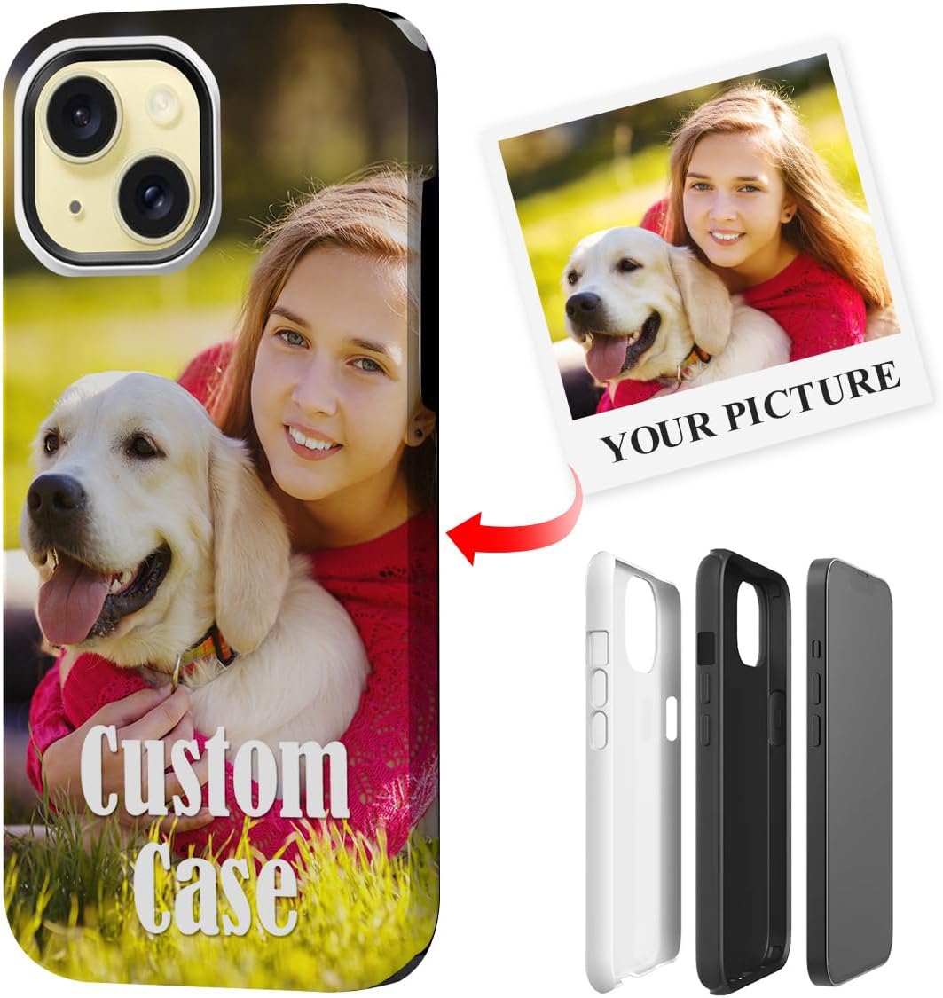 Custom Glossy Case for iPhone 16/15/14 Pro Max Plus 13/12 Mini 11/X/XS/XR/SE/8/7 Phone - Personalized Photo Logo Text Dual Layer Shell Cover - Shockproof Defense Hard + Soft Cases