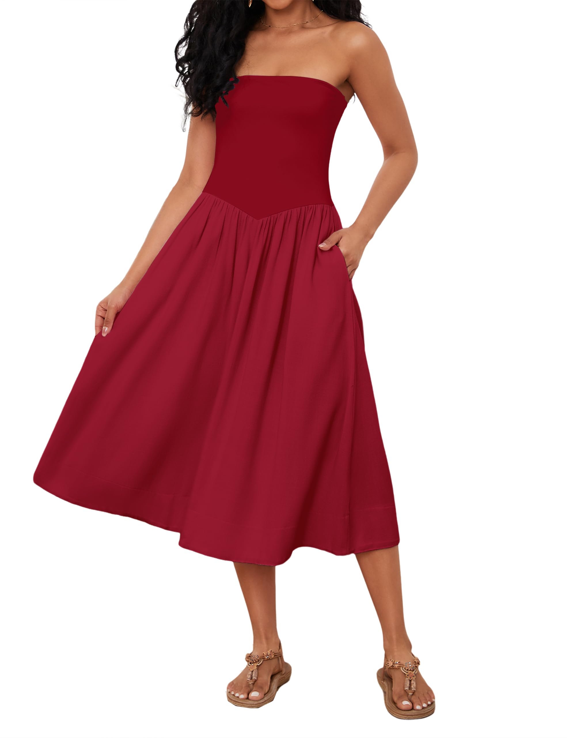 Livtany Women Off Shoulder Midi Dress Strapless Sleeveless Drop-Waist A Line Tube Dress Trendy Summer Swing Patchwork Dress