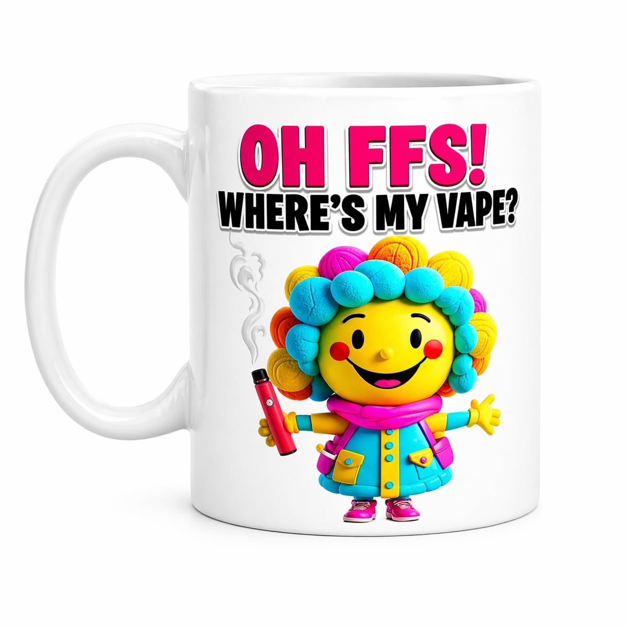 SASSY SIPS Funny Oh FFS Where's My Vape Ceramic Coffee Mug, Dual-Sided Design, Multiple Character Styles, Novelty Gift, 11oz, White, Miss (Cute Multicolour Character)