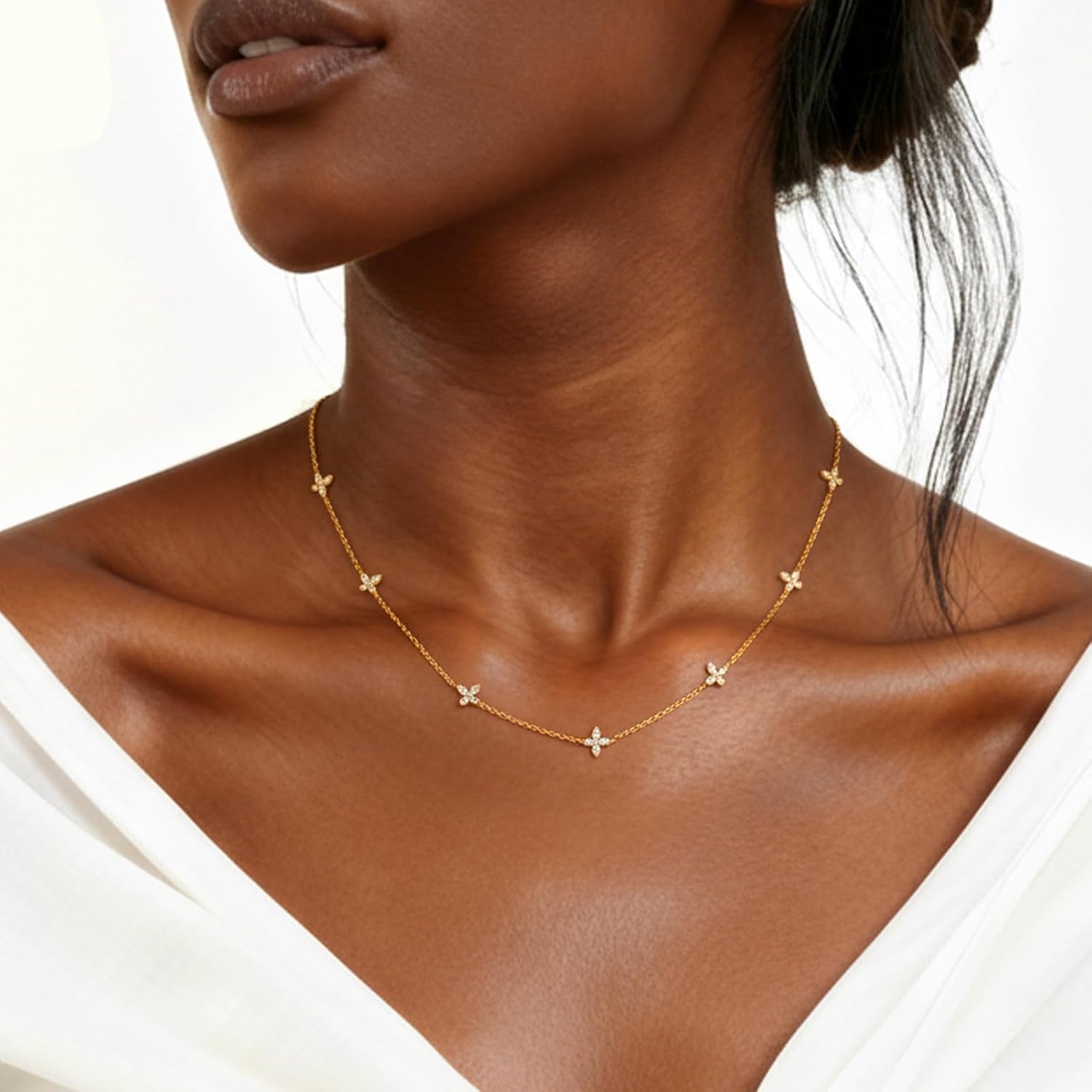 Thin Chain Butterfly Necklace for Women, 14K Gold Plated Sterling Silver Necklace With Cubic Zirconia, Hypoallergenic Layering Jewelry for Gift