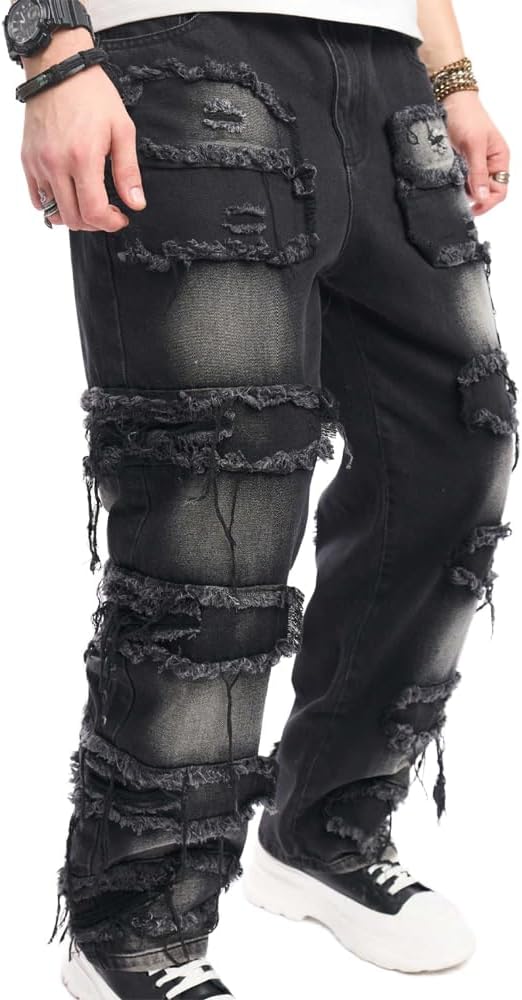 Men's Washed Baggy Denim Pants Patchwork Loose-Fit Men Jeans Distressed Straight Carpenter Jeans Trousers
