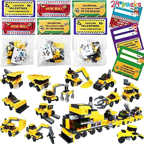 WODMAZ 24 Packs Valentines Day Cards with Construction Vehicles Building Blocks for Kids Valentines Day Gifts, Valentines Classroom Exchange, Valentines Party Favors, Valentine's Greeting Cards Cover
