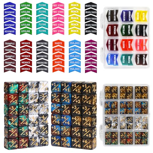 SIXPOINTS 108PCS 12mm MTG Counter Dice +1/+1 Tokens 6 Sided Dice & Keyword Counters Tokens Set for Magic The Gathering, MTG, TCG, Card Games Accessories (4 Color Dices#F + MTG Keyword Counters)