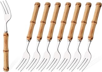 Uniturcky 8-Piece Natural Bamboo Small Dessert Forks, 6.3 Inches Stainless Steel with Bamboo Handle, Cake Forks