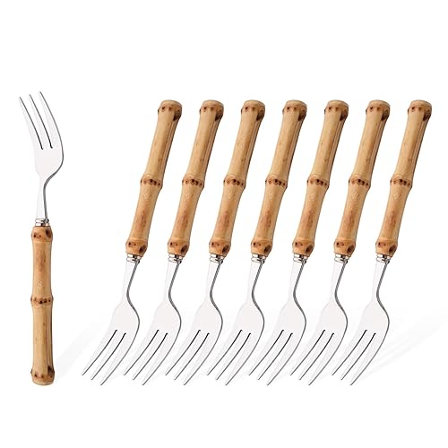 Uniturcky 8-Piece Natural Bamboo Small Dessert Forks, 6.3 Inches Stainless