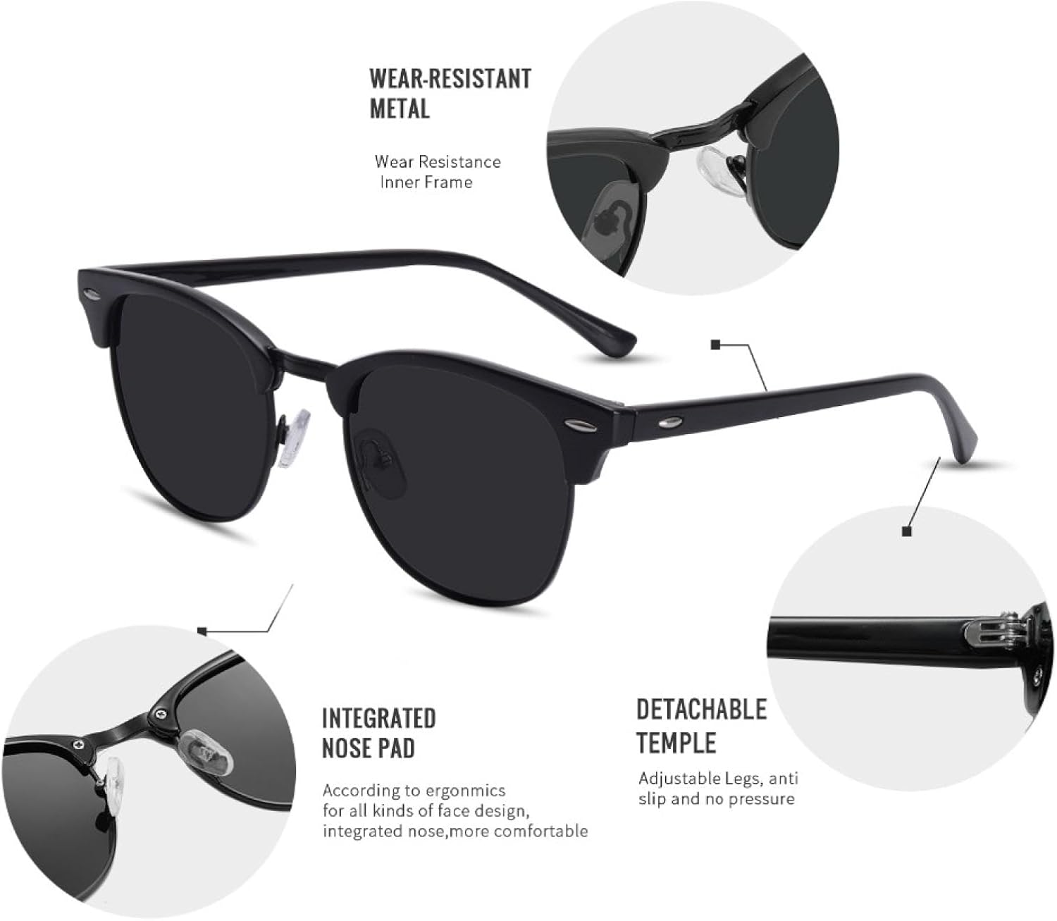 Polarized Sunglasses Men Vintage Half Metal Frame Mirror Sun Glasses for Women Male