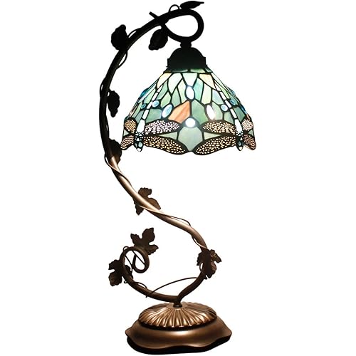 WERFACTORY Tiffany Lamp Sea Blue Stained Glass Dragonfly Style Desk Reading Light, Metal Leaf Table Lamp Base 8X10X21 Inches Decor Small Space Bedside Bedroom Home Office S147 Series