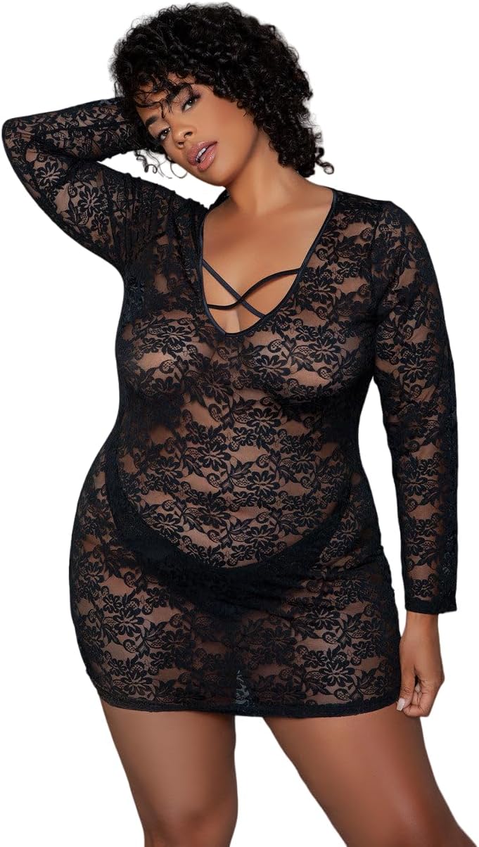 Be Wicked Womens Lynn Plus Sheer Lace Chemise, 2X, Black