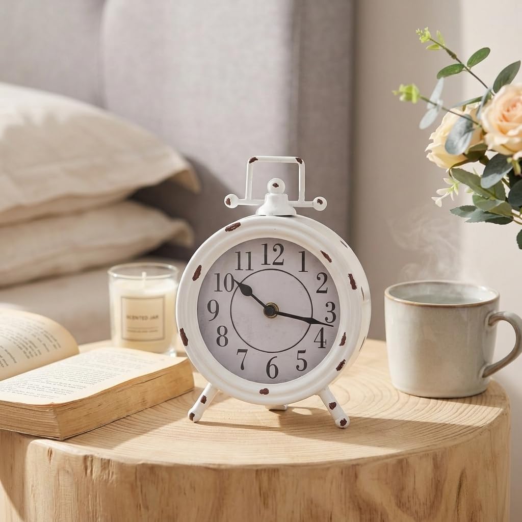 Vintage Table Clock with Handle, Shelf Desk Top Clock Battery Operated Rustic Design, Chic Home Decor for Fireplace Mantel, Desktop, Countertop, Distressed White