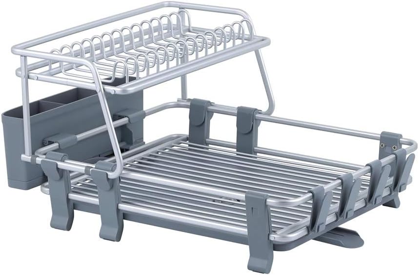 CALITEK Dish Drying Rack 2 Tier Aluminium Anti Rust Dish Drainer with Removable Draining Board Cutlery Holder and Cup Holder (Silver)