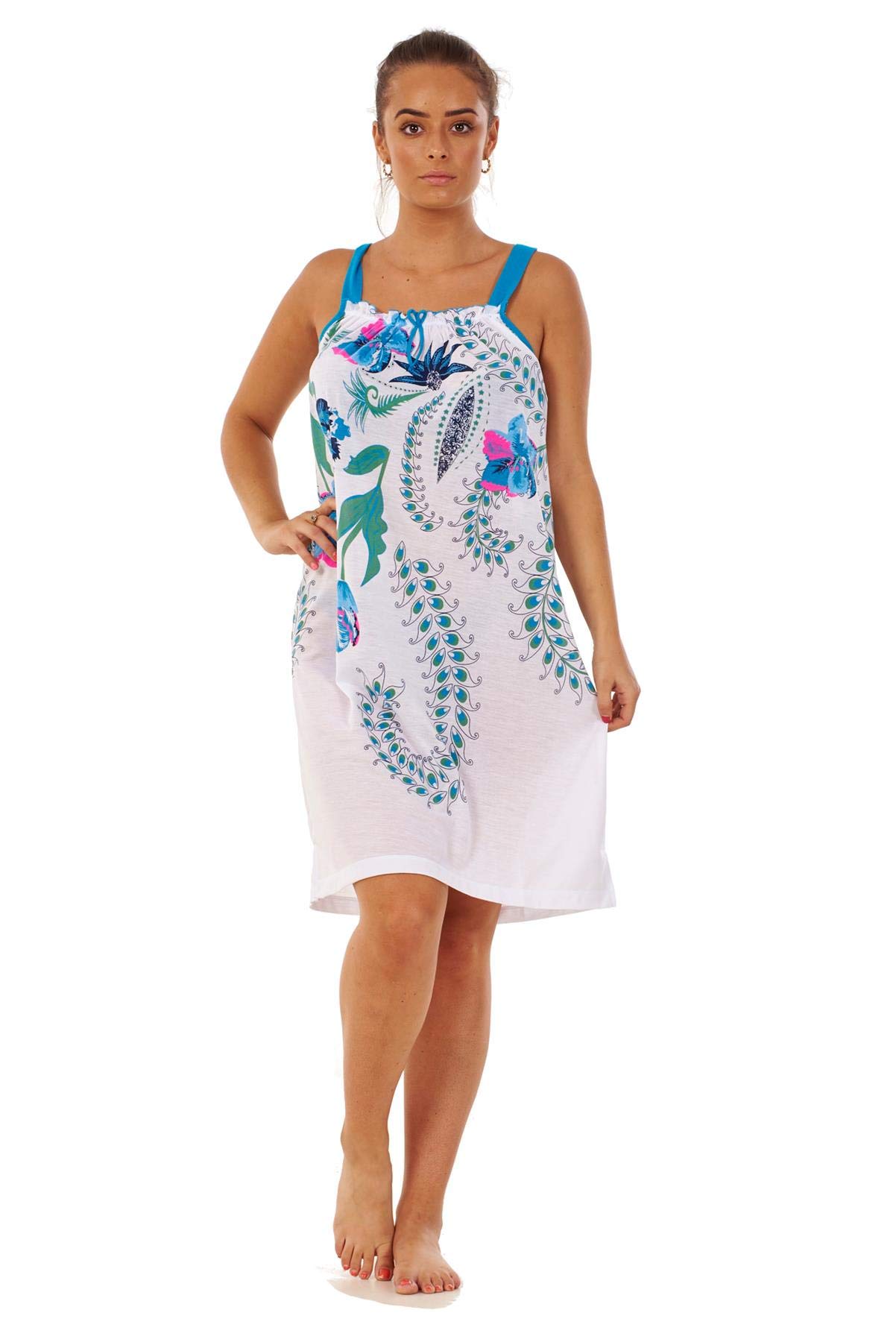 Apparel Ladies Strappy Nightdress Floral 100% Cotton Short Sleeveless Lingerie M to 3XL Turquoise