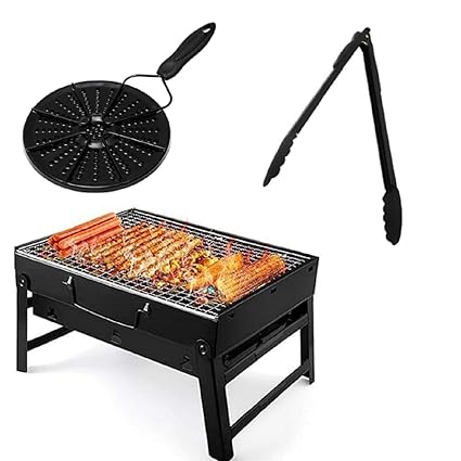 Kruvad Foldable Charcoal Tray Grill Desk Tabletop With BBQ Plate And Food Serving BBQ Tongs Made Of Stainless Steel Cooking Tandoor Grill For Home Outdoor BBQ Grill Charcoal Barbeque Combo [Pack Of 3]