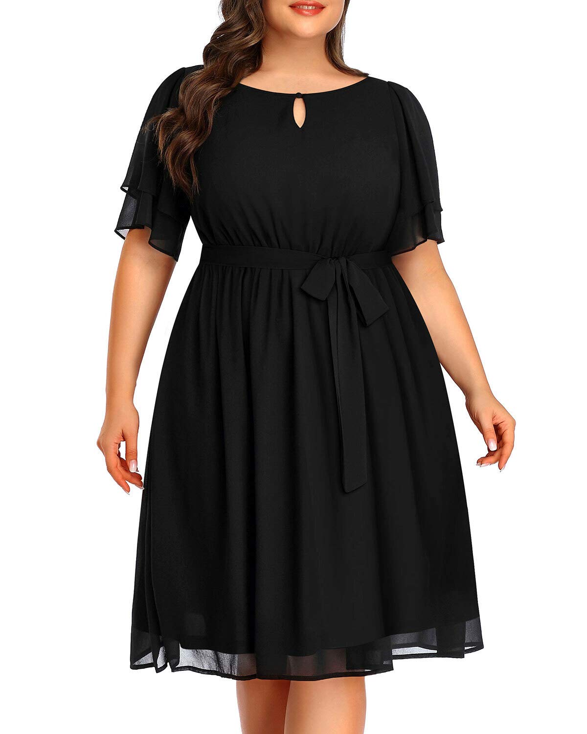 Women's Plus Size Chiffon Keyhole Neck Short Sleeve Elegant Cocktail Casual Wedding Party Midi Dress