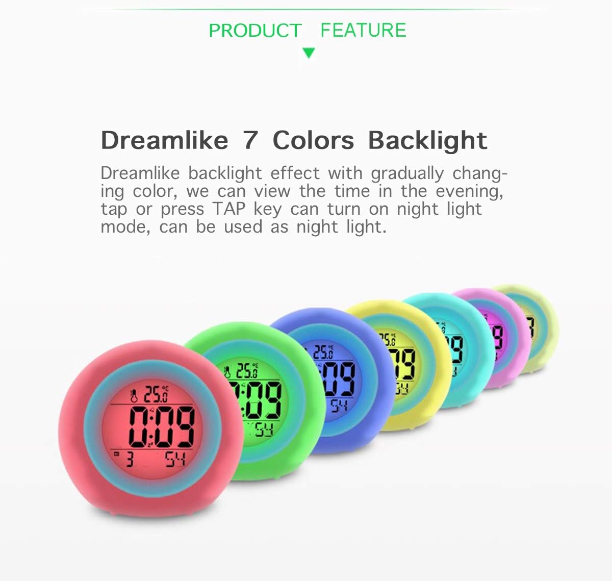 Kids Alarm Clock, Digital Alarm Clock with Rechargeable Lithium Battery, 7 Color Changing Night Light, Snooze, Touch Control, Temperature for Children Bedroom, Digital Clock for Boys and Girls