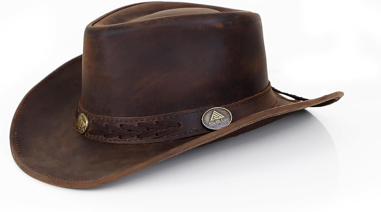 Brown Leather Cowboy Hat for Men Women – Vintage Outback Western Style, Shapeable Wide Brim Studded Hat