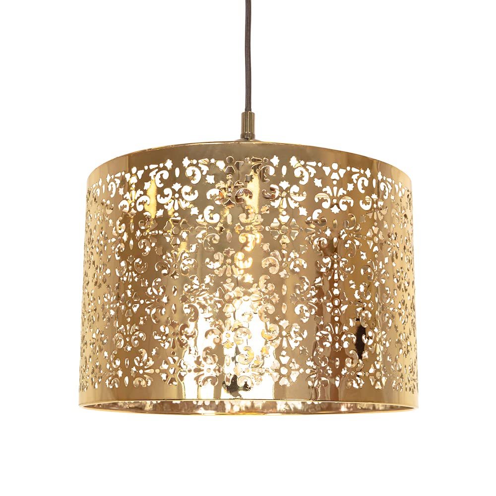 Happy Homewares Gold/Light Marrakech Designed Shiny Metal Pendant Shade With Floral Decoration