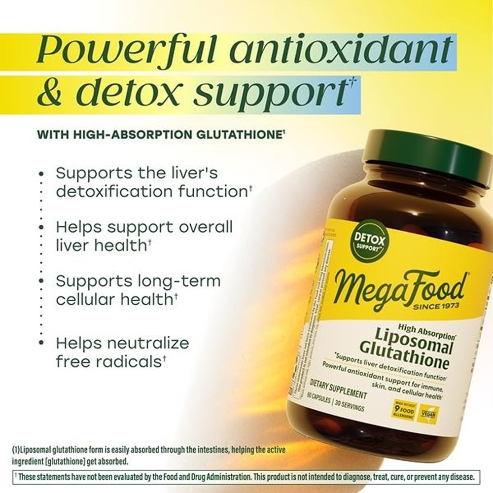 Amazon.com: MegaFood High Absorption Liposomal Glutathione Supplement -  Liver Detox & Powerful Antioxidant Support for Immune, Skin, Brain, and  Cellular Health - Gluten Free, Vegan