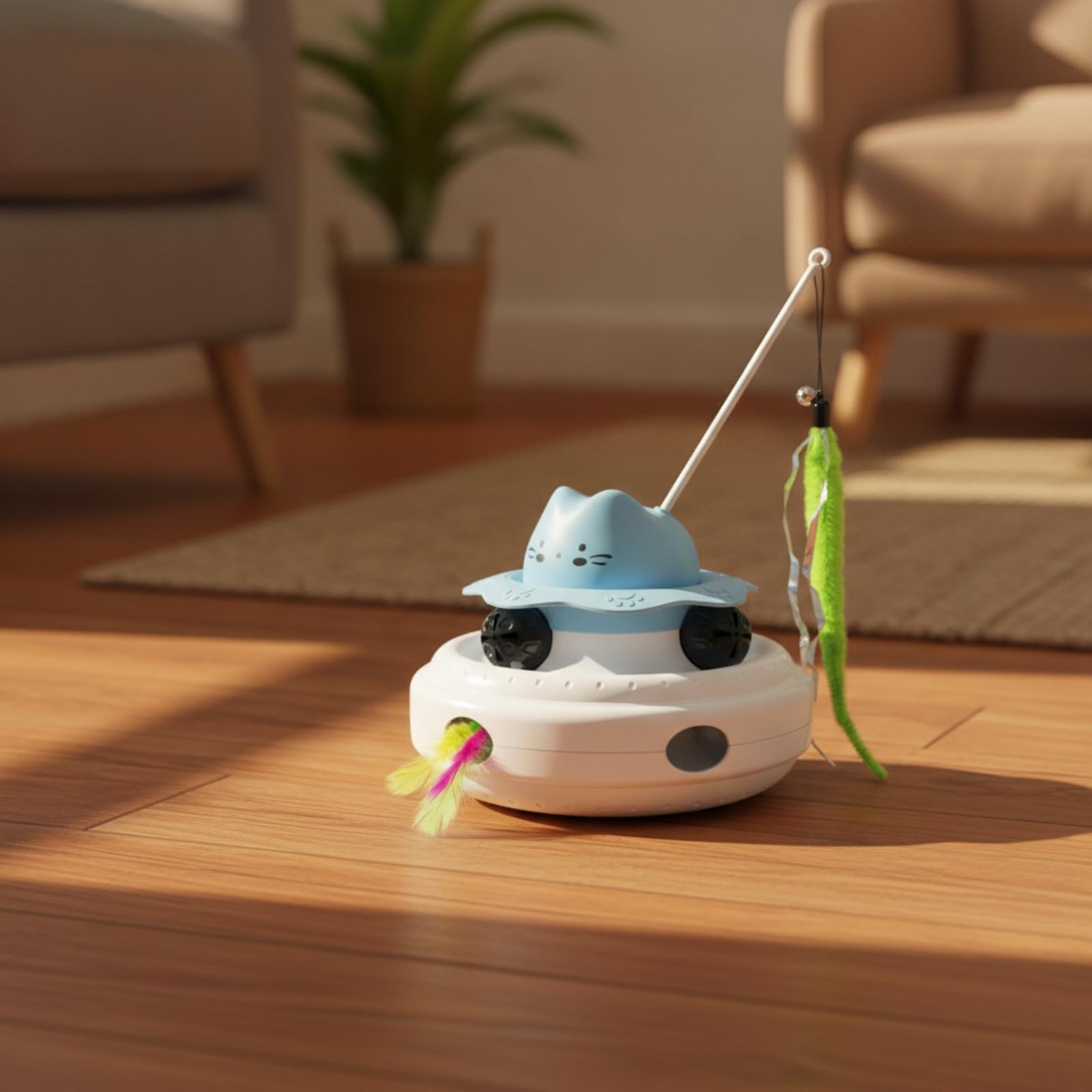 Dispositivo Interactivo para Gatos Juguete Eléctrico Plumas Que Incentivan Varilla Giratoria Continua Recargable de Larga Autonomía Base Estable, Azul