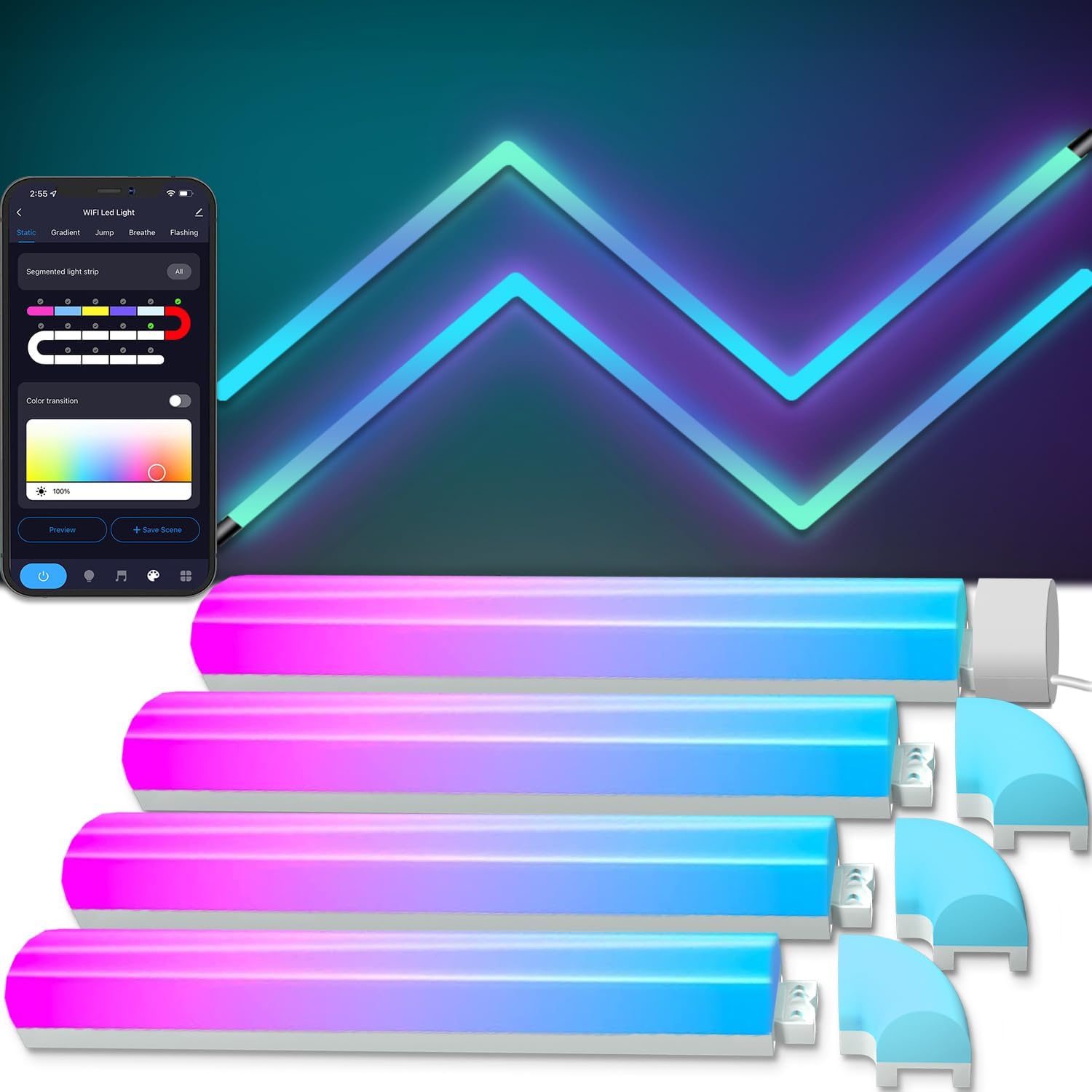 Glide RGB-IC LED Wall Lights 4Pcs, Smart LED Wall Lights with Music Sync and Dynamic Scenes, Compatible with Alexa and Google Assistant for Home Decor, Gaming