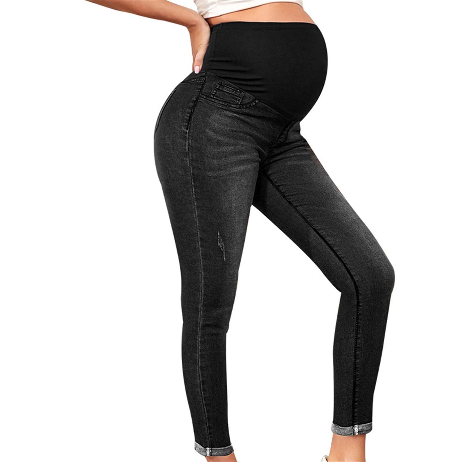 Generisch Lot de 2 jeans de maternité, taille haute, pantalon ventral et hanches, pantalon de grossesse extensible confortable pour femme, pantalon capri décontracté pour le travail